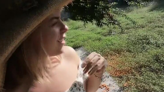 Russian Girl With Hairy Pussy Plays On The Hay!