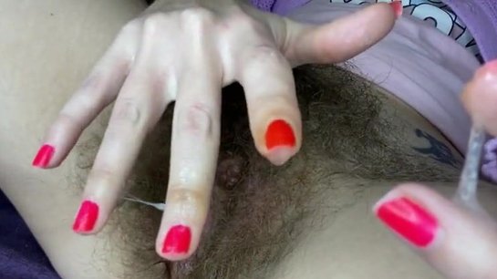 Super Hairy Dripping Wet Pussy Huge Clit Close-Up View!